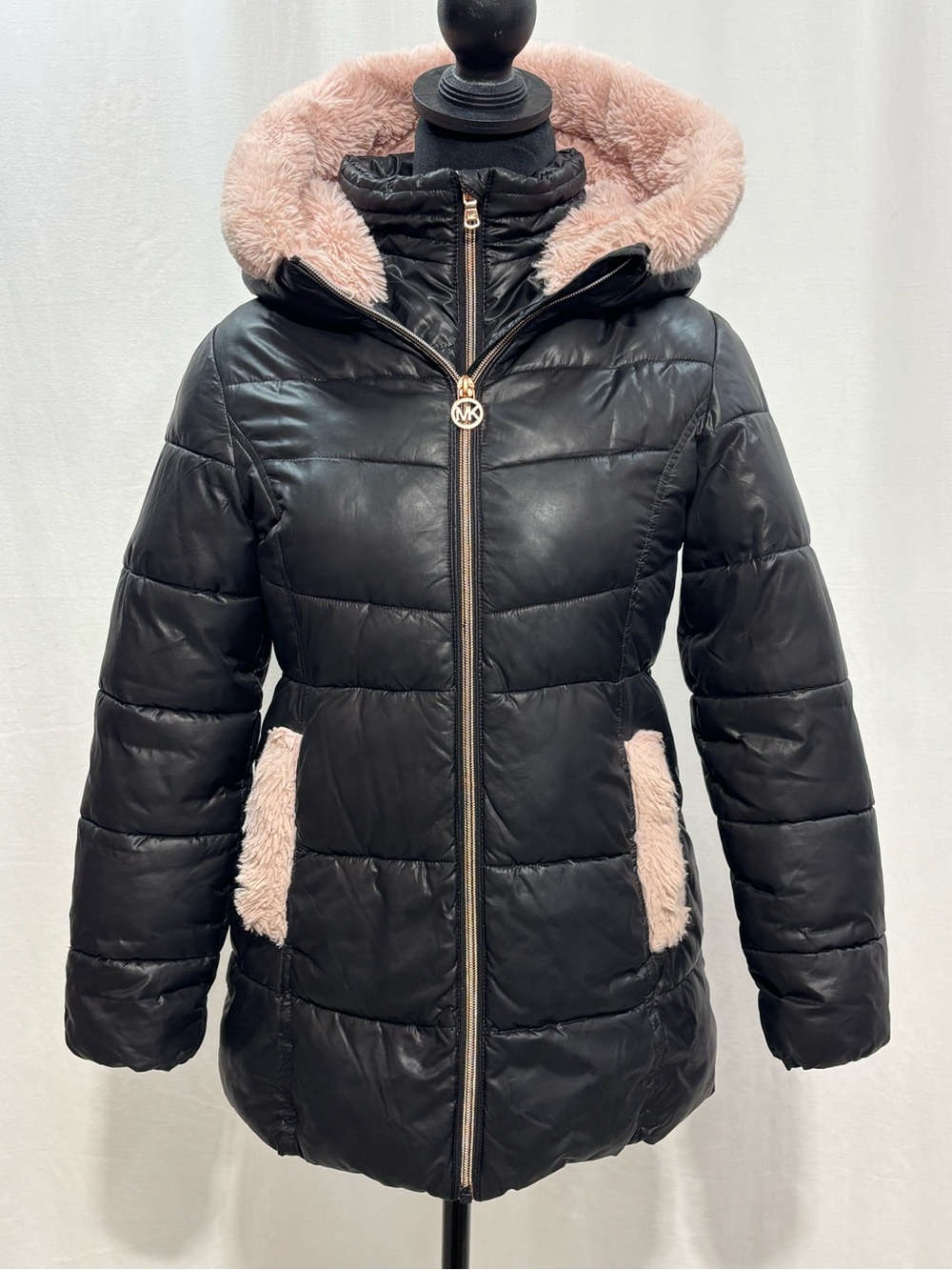 Michael Kors Kids Black Quilted Puffer w/ Pink Faux Fur Hood & Pocket Trim 10-12